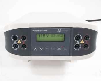 Life Technologies PowerEase 90W PS0090 front panel showing backlit LCD displaying 115V and four banana jack terminal pairs