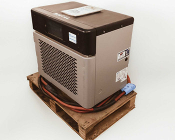 ACT Quantum Q6-48-240-480 forklift charger – front three-quarter view on pallet with SB output connector