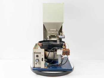 Visumatic S-18 screw feeder – straight front view showing bulk hopper, vibratory bowl, control box with intensity dial, and escapement mechanism