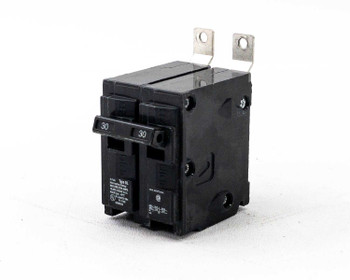 Siemens B230 Type BL 2-pole 30A circuit breaker – right-front angle view showing twin 30A handles and lug terminals