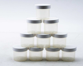 Parkway Plastics A0530200PPC 2oz 53mm clarified polypropylene jars with white lids arranged in pyramid stack of 10 – front view