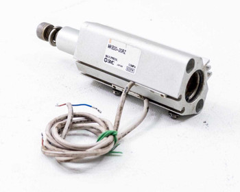SMC MKB20-20RZ Pneumatic Rotary Clamp Cylinder — left side view showing model label, SMC branding, and 1.0 MPa max pressure rating with sensor wires attached