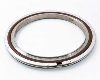 ISO-K 304 SS high vacuum centering ring, angled top view showing stainless flange lip, Viton O-ring groove, and retaining clip detail
