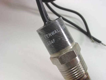 Fenwal 08-81 thermostat probe close-up of body label reading FENWAL 08-81 and 104F temperature rating