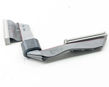 IBM 64F1409 ESDI hard drive ribbon cable – full cable assembly angled view showing both connectors and strain relief