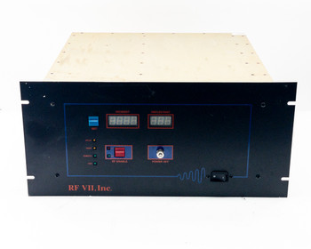 RFVII RF-20-XXVII front panel straight-on view showing 4-digit LED incident and reflectant power displays, RF Enable switch, and Power Set knob
