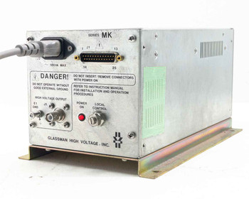 Glassman High Voltage PS/MK03P25.0L20 MK Series HVDC power supply – front panel with HV output terminals, power indicator, and local control switch