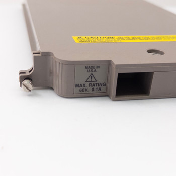 Keithley 7710 thermocouple scanner card — close-up of left connector end showing Max Rating 60V 0.1A label and Made in USA marking