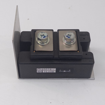 Powerex PH40016 power diode module front-angled view showing black housing, two stud bolt terminals, label, and aluminum mounting bracket