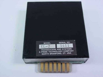 Transducers and Systems EL-2 module close-up showing label with model EL-2, serial number 1411, and gold edge connector pins
