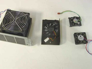 Four representative 12V DC brushless cooling fans laid out: large heatsink-mount fan unit, medium black cage-mount fan with 4-pin connector, and two small axial fans with wire leads