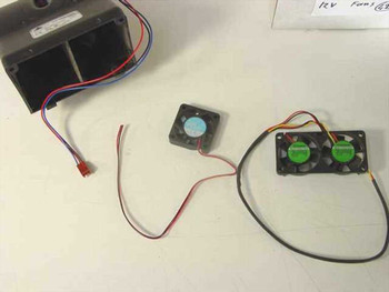Three 12V cooling fans shown side by side — dual 60mm blower unit with red/blue wires, small 40mm fan, and dual green-label fan assembly with 3-pin connector