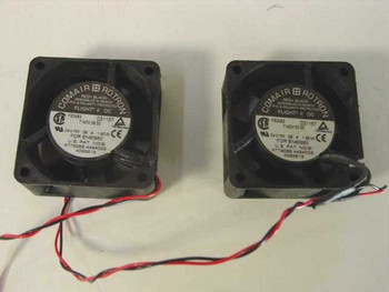 Two Comair Rotron Flight II DC fans side by side showing label with model FS24B3 and 031157 markings