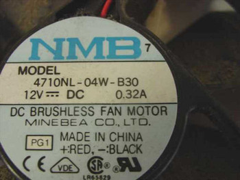 NMB 4710NL-04W-B30 12V DC 0.32A brushless fan motor label — Minebea Co. Ltd., Made in China