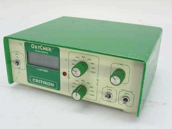 Critikon OxyChek 2000 Oxygen Monitor front panel view showing % O2 display, LEVEL and LIMIT dials, CAL knob, BATT LIFE and POWER ON switches
