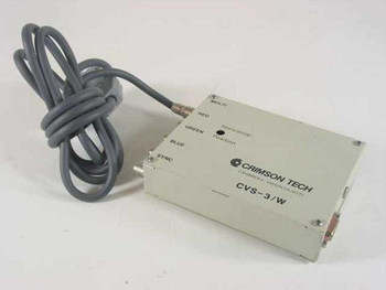 Crimson Tech CVS-3/W Coax Converter – front and top view showing BNC output labels and attached cable