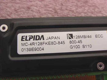 Elpida MC-4R128FKE8D-845 label close-up showing 128MB/4d ECC, 800-45 speed, and date code 0139E9004