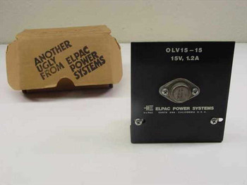 Elpac Power Systems OLV15-15 DC power supply front panel showing model label and output connector, with original Elpac box behind it