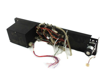 Atcor CRD-1410-DF controller rear/underside view showing fluid tubing, solenoid valves, wiring harness, and Oriental Motor assembly