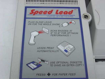 Codax Speed Lead Info Systems LR-48 instruction label — badge scanning guide showing barcode scanner, auto-print, floppy disk backup, and paper feed instructions