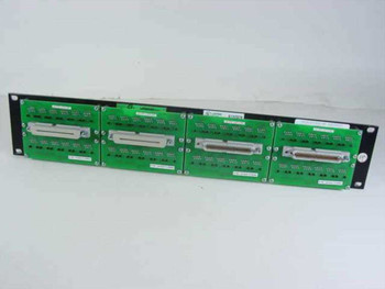 Lucent 2512CAT5 PS patch panel — rear/backplane view showing four green PCBs with 50-pin Telco Amphenol connectors