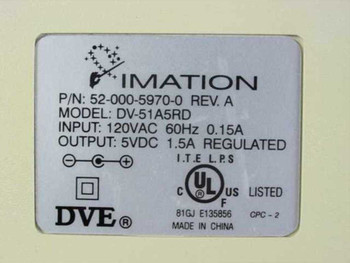 Imation DV-51A5RD label showing part number 52-000-5970-0 Rev A, input 120VAC 60Hz 0.15A, output 5VDC 1.5A regulated, UL listed, made in China