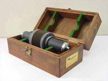 Cor-Bridge Inc 530012-6 Parting Tool Spindle resting in custom wood storage box with green foam cutouts, lid open — front three-quarter view