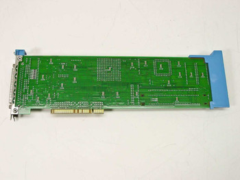 IBM ARTIC RAW CD 44F7120 MCA card — bottom solder side view showing green PCB with blue retention brackets on both ends