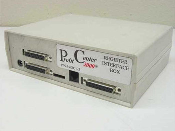 Profit Center 2000 Register Interface Box 44.000125 — front panel showing two DB25 ports, 3.5mm jack, RJ45 port, and product label