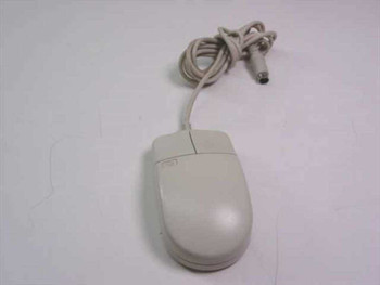 HP C1413A 2-Button PS/2 mouse — left side view showing beige body, scroll-less top surface, and PS/2 connector at cable end