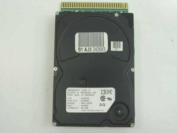 IBM WDL-330R 30MB MCA hard drive – top view showing label with P/N 6128240, FRU P/N 6128280, model, MLC, and capacity; barcode sticker B1 AJ3 242683 visible