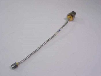 KMW 140223-2 Rev 2 F to SMA coaxial pigtail cable – full length view showing gold-body bulkhead connector and braided semi-rigid cable