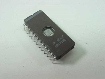 National Semiconductor MM2716Q EPROM chip close-up showing UV erase window, date code BB416, and model marking on ceramic DIP-24 body