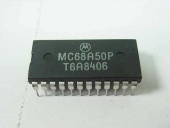 Motorola MC68A50P ACIA IC chip close-up showing Motorola logo and markings MC68A50P T6A8406 on black DIP package