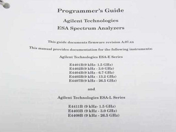 Interior title page of Agilent ESA Programmer's Guide showing ESA-E and ESA-L compatible models and firmware revision A.07.xx