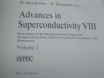 Advances in Superconductivity VIII Volume 1 title page showing editors H. Hayakawa and Y. Enomoto, ISS'95 proceedings, Hamamatsu 1995, ISTEC, with 741 figures