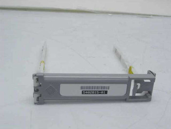 Sun Microsystems 5402815-01 hard drive server caddy tray — front/side angled view showing gray plastic frame and white rails with yellow retention tabs