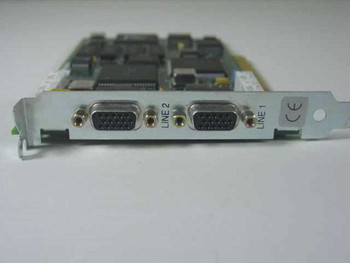 Digi EPC/X PCI PLX card bracket view showing two DB15 (15-pin) serial line ports labeled LINE 1 and LINE 2 with CE mark