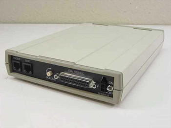 MultiTech MT1432BA rear panel showing PHONE and LINE RJ-11 ports, EIA RS-232C DB-25 connector, volume knob, and power switch