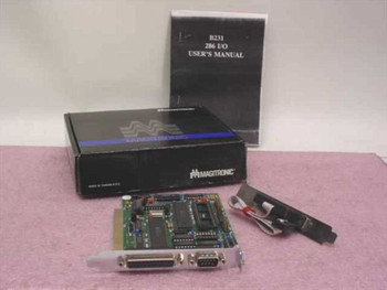 Magitronic B231 286 I/O Card shown with original black Magitronic box, B231 286 I/O User's Manual booklet, ISA card, and slot bracket accessory