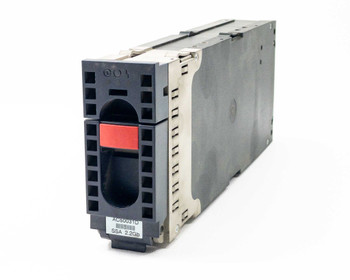 IBM 88G6400 SSA hard drive caddy AC50031D front-left angled view showing black plastic housing and red release tab
