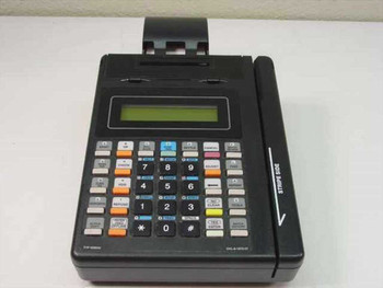 Hypercom T7P-T credit card terminal front view showing LCD display, keypad, and magnetic stripe reader