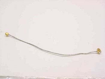 Semi-rigid flexible coaxial cable with SMA-Male straight connector on left and right-angle SMA-Male connector on right, full length view approximately 28cm