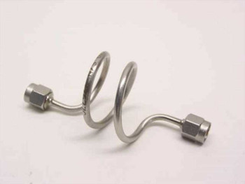 Unbranded stainless steel coiled semi-rigid SMA-M coaxial cable showing both SMA male connectors and helical coil body