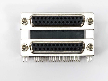 Norcomp DB25 female-to-female connector 178-025-512-571 — straight-on front view showing dual stacked D-sub 25-pin female receptacles