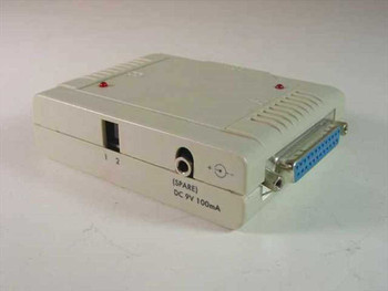 PC Concepts parallel switch — side view showing manual 2-position selector switch, optional DC 9V 100mA power jack labeled SPARE, and ventilation slots on top