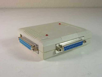 PC Concepts 2-to-1 non-powered parallel interface switch — angled front/side view showing two DB25 female connectors on left end and one DB25 female connector on right end