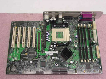 Dell MX-04H665 GX400 motherboard — angled top view showing RIMM memory slots, CPU socket area, PCI and AGP expansion slots, and Dell logo on PCB