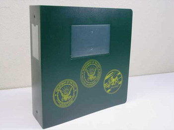 General Binding GBC 3.5-inch green 3-ring binder front cover with military department seals in gold print and clear front pocket