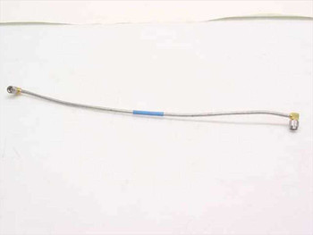 Semi-rigid coaxial cable approximately 11 inches long with right-angle SMA male connectors on both ends and a blue heat-shrink band near center